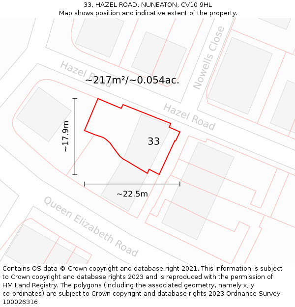 33, HAZEL ROAD, NUNEATON, CV10 9HL: Plot and title map