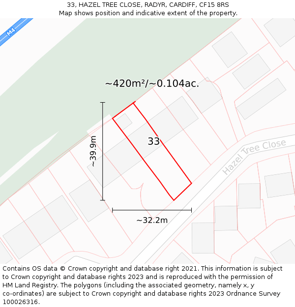 33, HAZEL TREE CLOSE, RADYR, CARDIFF, CF15 8RS: Plot and title map