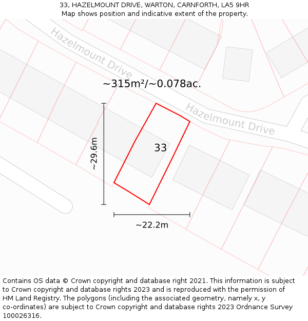 33, HAZELMOUNT DRIVE, WARTON, CARNFORTH, LA5 9HR: Plot and title map