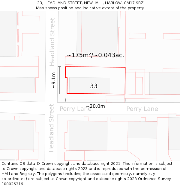 33, HEADLAND STREET, NEWHALL, HARLOW, CM17 9RZ: Plot and title map