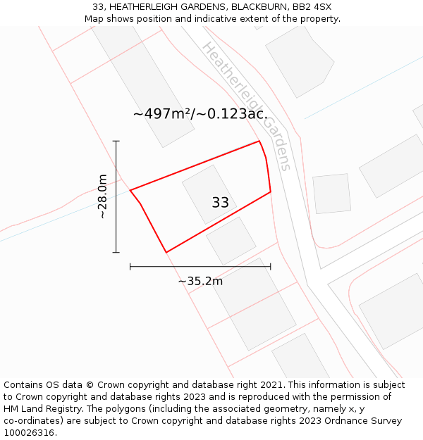 33, HEATHERLEIGH GARDENS, BLACKBURN, BB2 4SX: Plot and title map