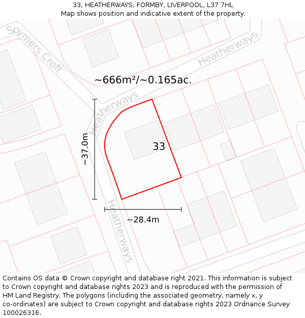 33, HEATHERWAYS, FORMBY, LIVERPOOL, L37 7HL: Plot and title map