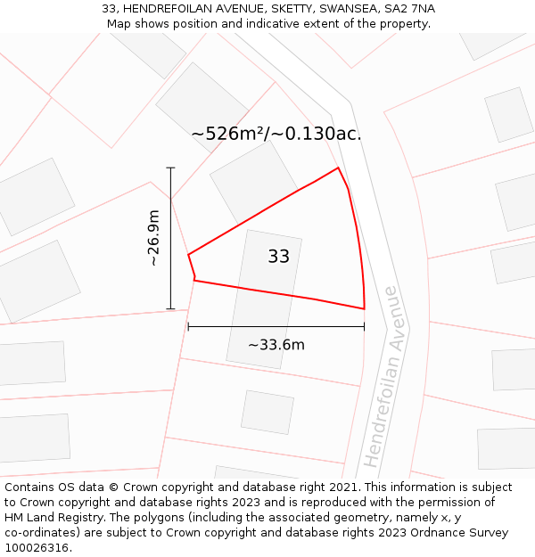 33, HENDREFOILAN AVENUE, SKETTY, SWANSEA, SA2 7NA: Plot and title map