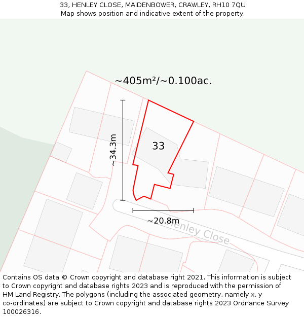 33, HENLEY CLOSE, MAIDENBOWER, CRAWLEY, RH10 7QU: Plot and title map