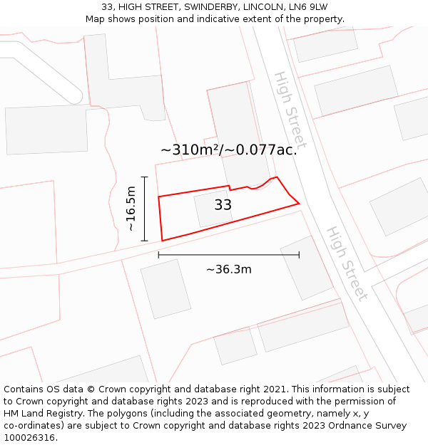 33, HIGH STREET, SWINDERBY, LINCOLN, LN6 9LW: Plot and title map