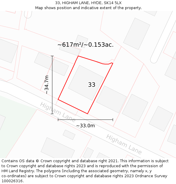 33, HIGHAM LANE, HYDE, SK14 5LX: Plot and title map