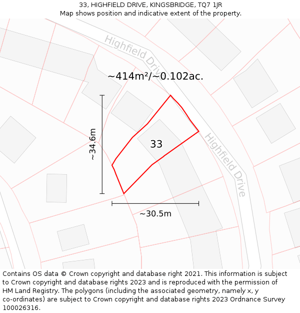 33, HIGHFIELD DRIVE, KINGSBRIDGE, TQ7 1JR: Plot and title map