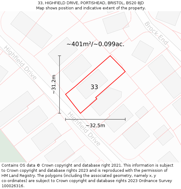 33, HIGHFIELD DRIVE, PORTISHEAD, BRISTOL, BS20 8JD: Plot and title map