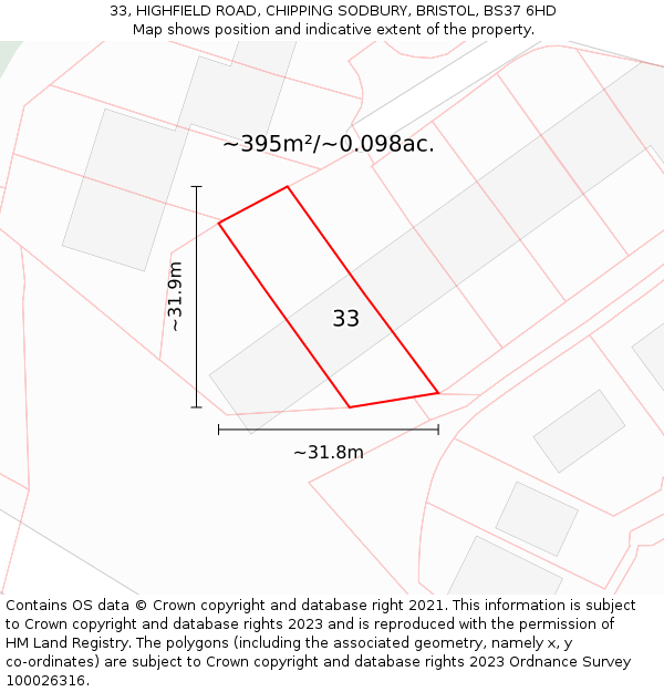 33, HIGHFIELD ROAD, CHIPPING SODBURY, BRISTOL, BS37 6HD: Plot and title map
