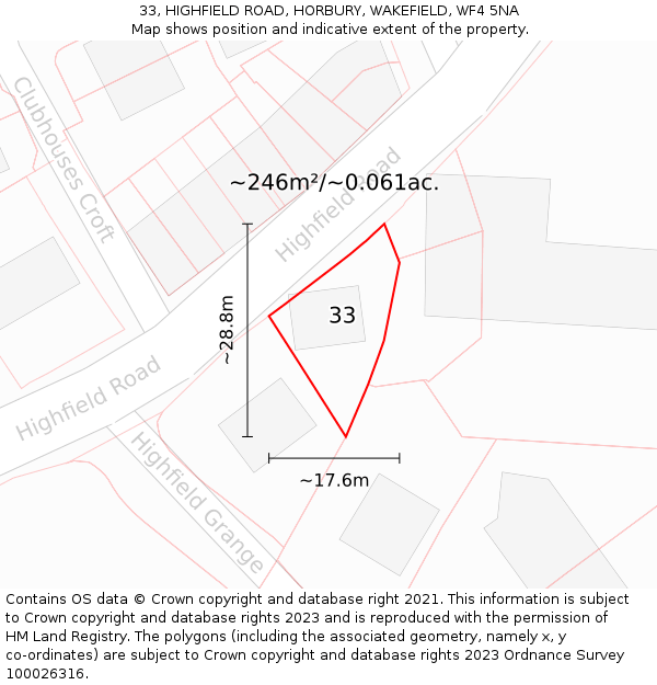 33, HIGHFIELD ROAD, HORBURY, WAKEFIELD, WF4 5NA: Plot and title map