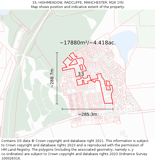 33, HIGHMEADOW, RADCLIFFE, MANCHESTER, M26 1YN: Plot and title map