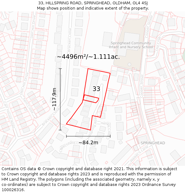 33, HILLSPRING ROAD, SPRINGHEAD, OLDHAM, OL4 4SJ: Plot and title map