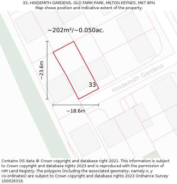 33, HINDEMITH GARDENS, OLD FARM PARK, MILTON KEYNES, MK7 8PN: Plot and title map