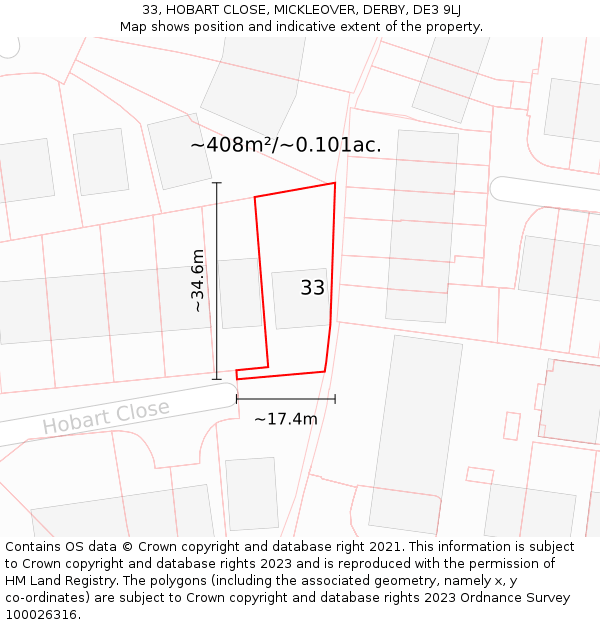 33, HOBART CLOSE, MICKLEOVER, DERBY, DE3 9LJ: Plot and title map