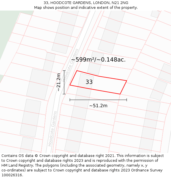 33, HOODCOTE GARDENS, LONDON, N21 2NG: Plot and title map