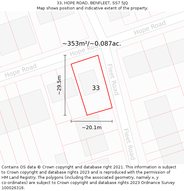 33, HOPE ROAD, BENFLEET, SS7 5JQ: Plot and title map