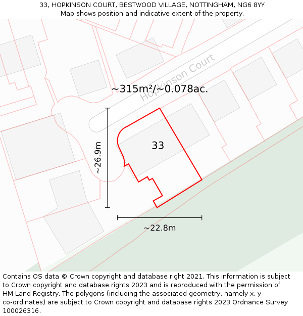 33, HOPKINSON COURT, BESTWOOD VILLAGE, NOTTINGHAM, NG6 8YY: Plot and title map