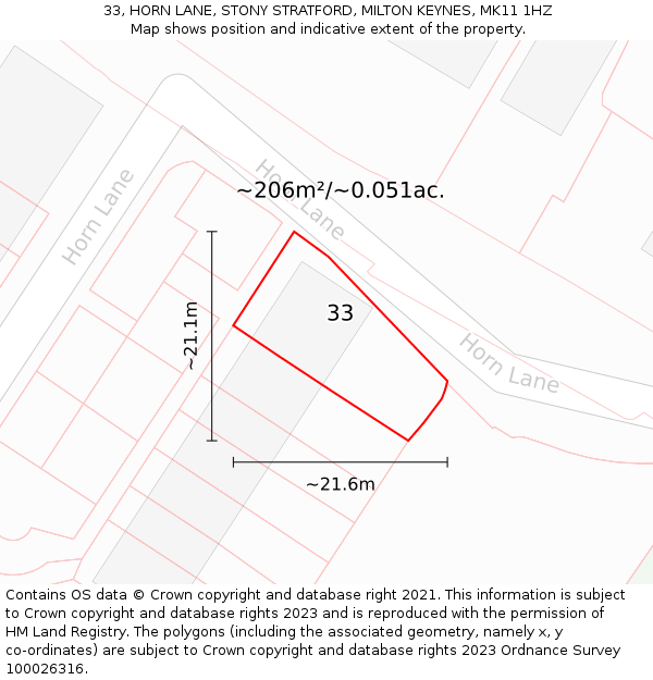 33, HORN LANE, STONY STRATFORD, MILTON KEYNES, MK11 1HZ: Plot and title map