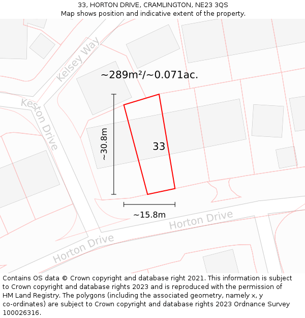 33, HORTON DRIVE, CRAMLINGTON, NE23 3QS: Plot and title map