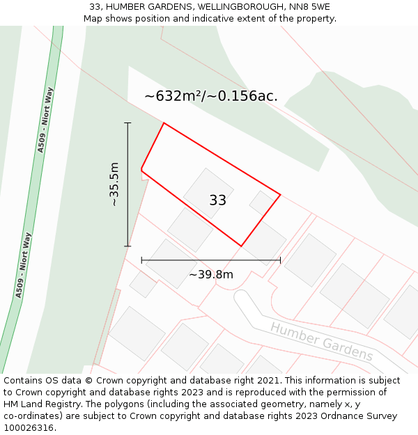 33, HUMBER GARDENS, WELLINGBOROUGH, NN8 5WE: Plot and title map