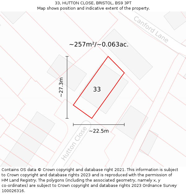 33, HUTTON CLOSE, BRISTOL, BS9 3PT: Plot and title map