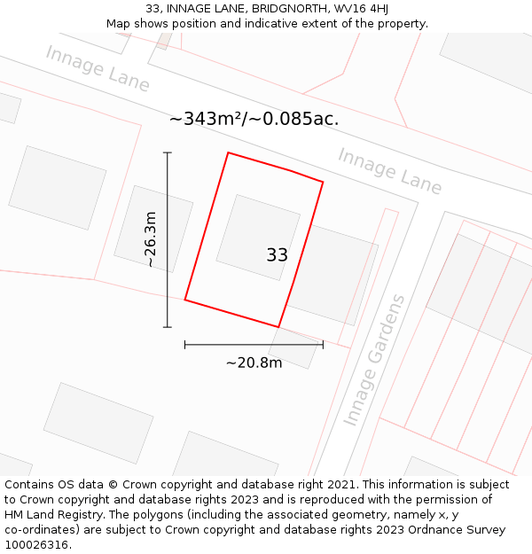 33, INNAGE LANE, BRIDGNORTH, WV16 4HJ: Plot and title map