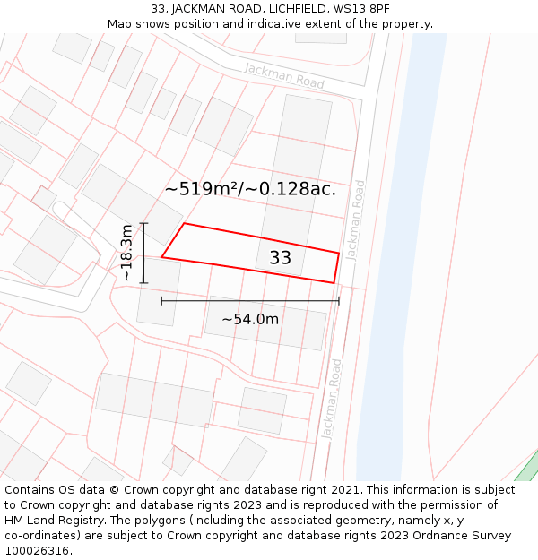 33, JACKMAN ROAD, LICHFIELD, WS13 8PF: Plot and title map