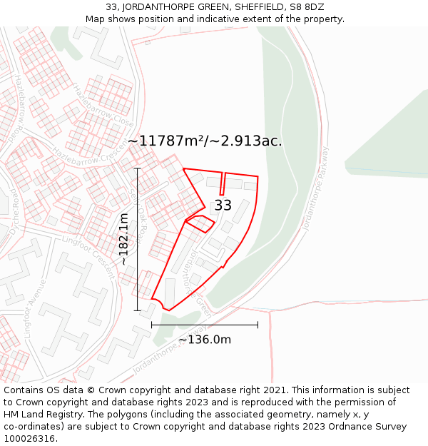 33, JORDANTHORPE GREEN, SHEFFIELD, S8 8DZ: Plot and title map