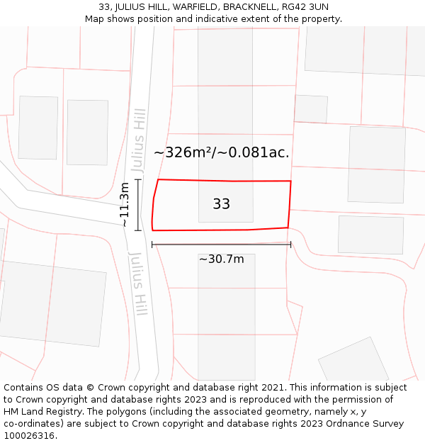 33, JULIUS HILL, WARFIELD, BRACKNELL, RG42 3UN: Plot and title map