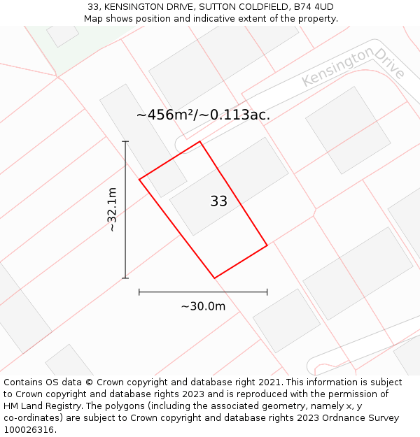 33, KENSINGTON DRIVE, SUTTON COLDFIELD, B74 4UD: Plot and title map