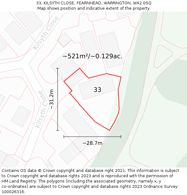 33, KILSYTH CLOSE, FEARNHEAD, WARRINGTON, WA2 0SQ: Plot and title map