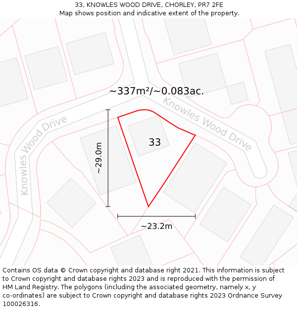 33, KNOWLES WOOD DRIVE, CHORLEY, PR7 2FE: Plot and title map