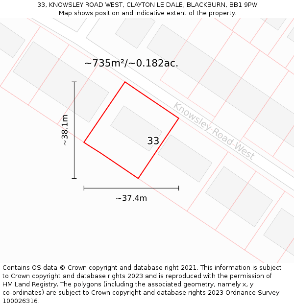 33, KNOWSLEY ROAD WEST, CLAYTON LE DALE, BLACKBURN, BB1 9PW: Plot and title map