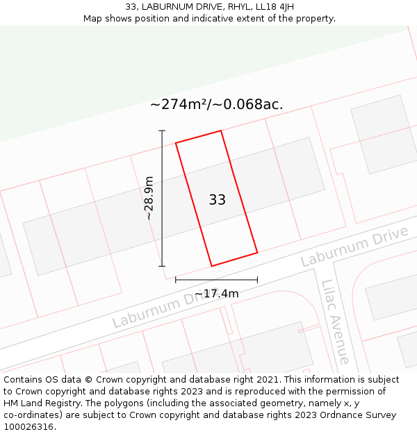 33, LABURNUM DRIVE, RHYL, LL18 4JH: Plot and title map