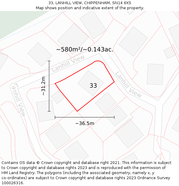 33, LANHILL VIEW, CHIPPENHAM, SN14 6XS: Plot and title map