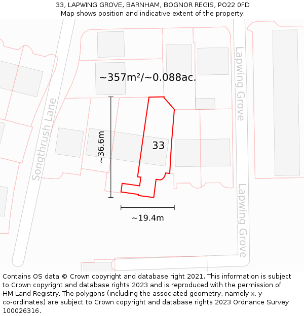 33, LAPWING GROVE, BARNHAM, BOGNOR REGIS, PO22 0FD: Plot and title map