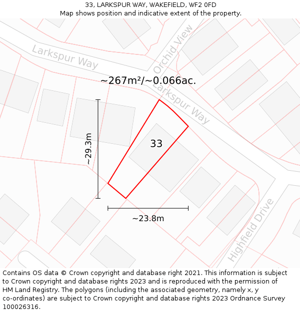 33, LARKSPUR WAY, WAKEFIELD, WF2 0FD: Plot and title map