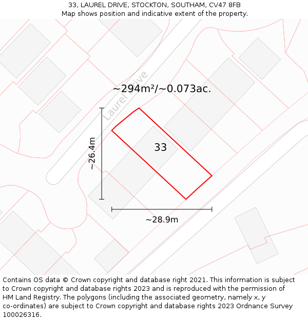 33, LAUREL DRIVE, STOCKTON, SOUTHAM, CV47 8FB: Plot and title map