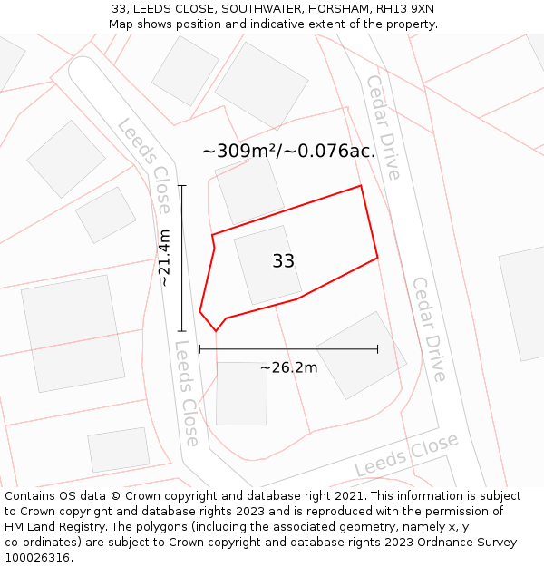 33, LEEDS CLOSE, SOUTHWATER, HORSHAM, RH13 9XN: Plot and title map