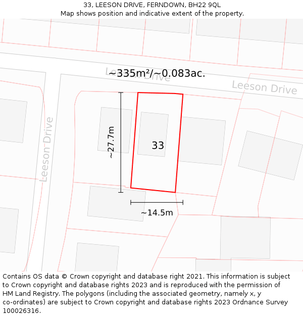 33, LEESON DRIVE, FERNDOWN, BH22 9QL: Plot and title map