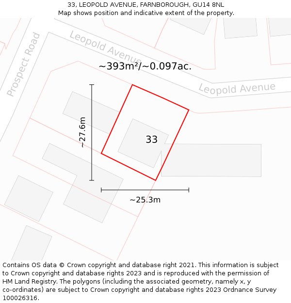 33, LEOPOLD AVENUE, FARNBOROUGH, GU14 8NL: Plot and title map