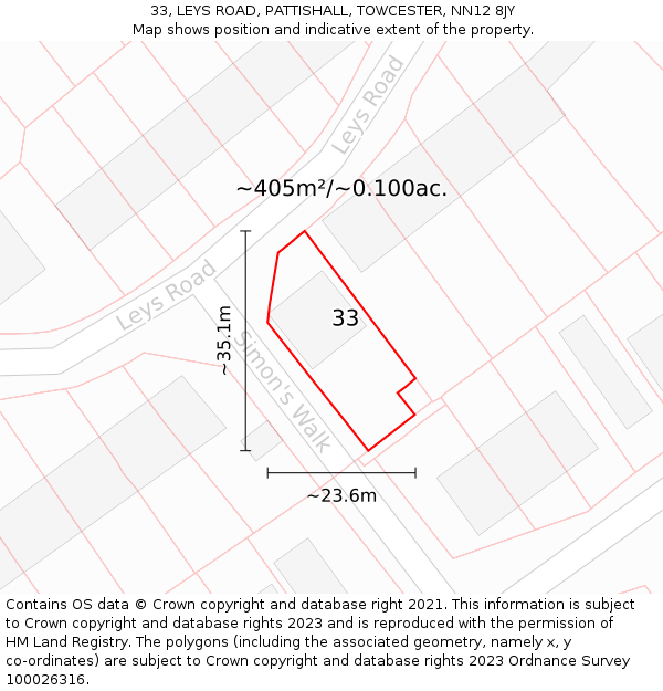 33, LEYS ROAD, PATTISHALL, TOWCESTER, NN12 8JY: Plot and title map