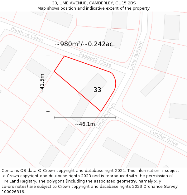 33, LIME AVENUE, CAMBERLEY, GU15 2BS: Plot and title map