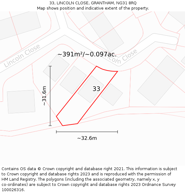 33, LINCOLN CLOSE, GRANTHAM, NG31 8RQ: Plot and title map