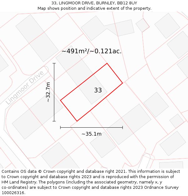 33, LINGMOOR DRIVE, BURNLEY, BB12 8UY: Plot and title map