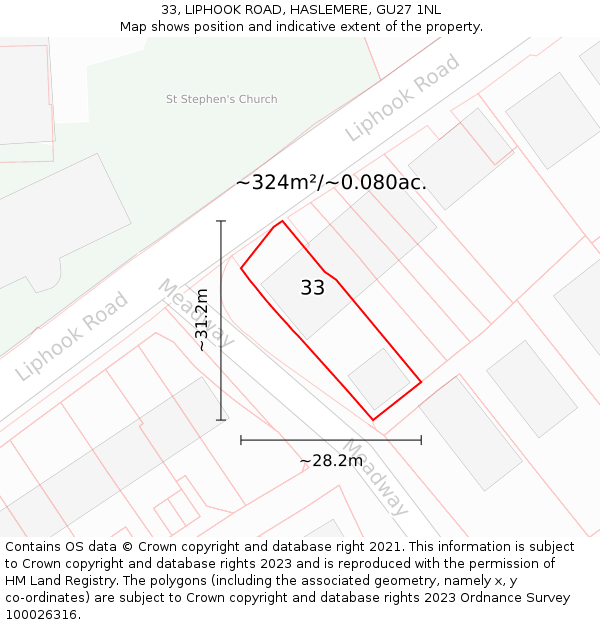 33, LIPHOOK ROAD, HASLEMERE, GU27 1NL: Plot and title map