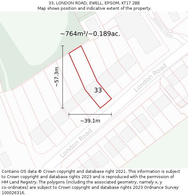 33, LONDON ROAD, EWELL, EPSOM, KT17 2BE: Plot and title map