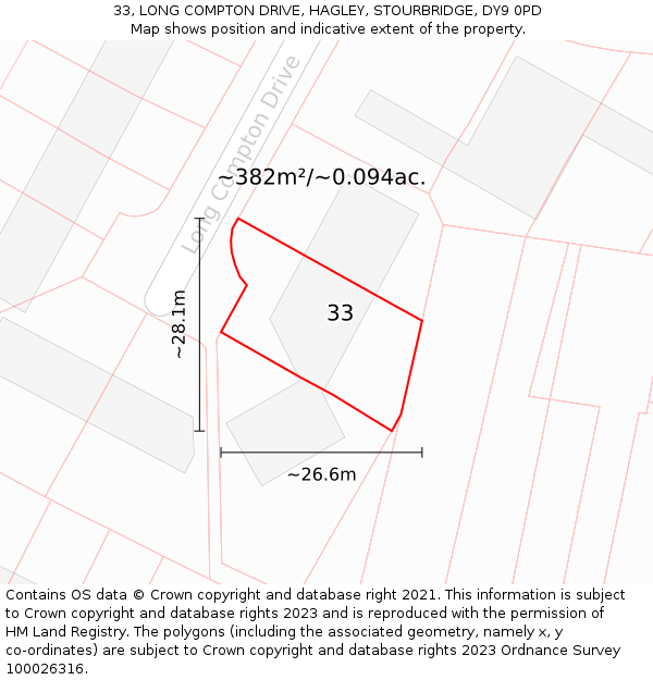 33, LONG COMPTON DRIVE, HAGLEY, STOURBRIDGE, DY9 0PD: Plot and title map