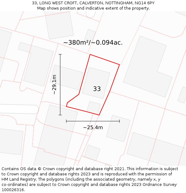 33, LONG WEST CROFT, CALVERTON, NOTTINGHAM, NG14 6PY: Plot and title map