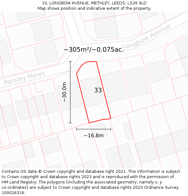 33, LONGBOW AVENUE, METHLEY, LEEDS, LS26 9LD: Plot and title map